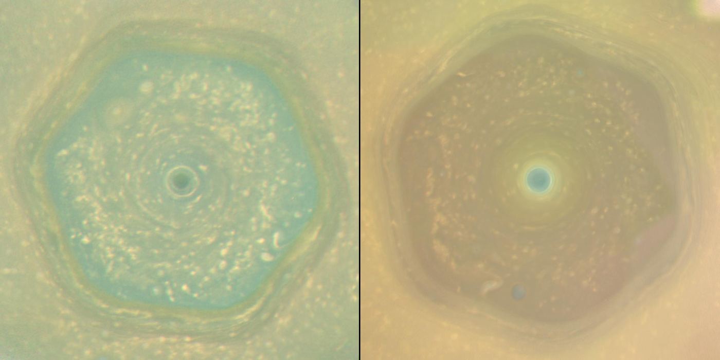 Figure 1. Saturn's north polar hexagon in natural color, June 2013 (left) and April 2017 (right), from Cassini. The blue interior of 2013 is covered by yellowish haze in 2017, one month before northern summer solstice. NASA Photojournal PIA21611.