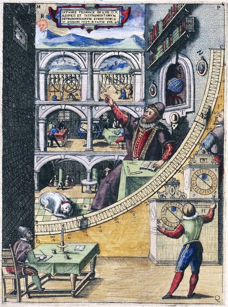Figure 1. Tycho Brahe's mural quadrant at Uraniborg: a brass arc of about 194 cm (6.4 ft) radius fixed to a north-south wall. The observer at right sights a star through the opening at upper left as it crosses the meridian. Engraving from Astronomiae instauratae mechanica (1598).